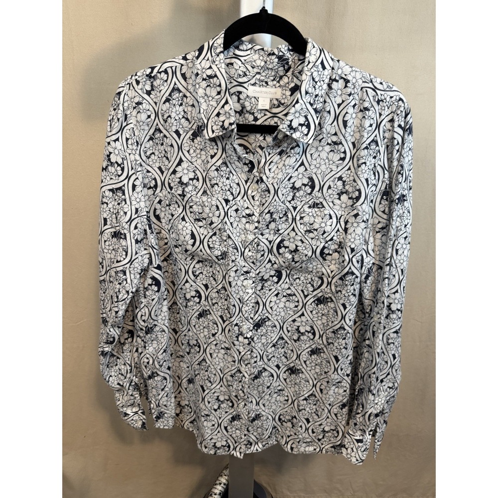 Charter Club Women's Long Sleeve Shirt, Linen,‎ L, Blue/White Floral, Pockets